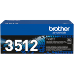 Schwarzer Brother TN-3512 Original Toner für Drucker, sichtbarer Tonerkarton und Druckkopf in der Verpackung