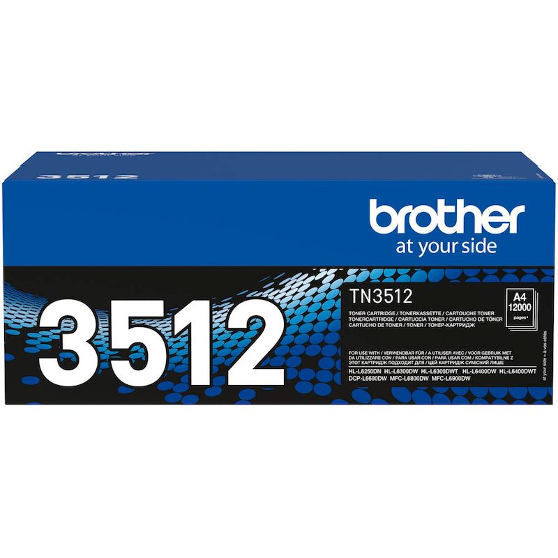 Schwarzer Brother TN-3512 Original Toner für Drucker, sichtbarer Tonerkarton und Druckkopf in der Verpackung