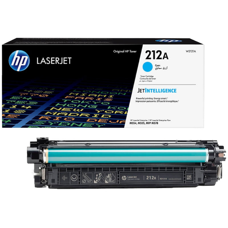 Original HP P Toner 212A Cyan (W2121A) für Drucker, zeigt den blauen Tonerbehälter vor einem weißen Hintergrund