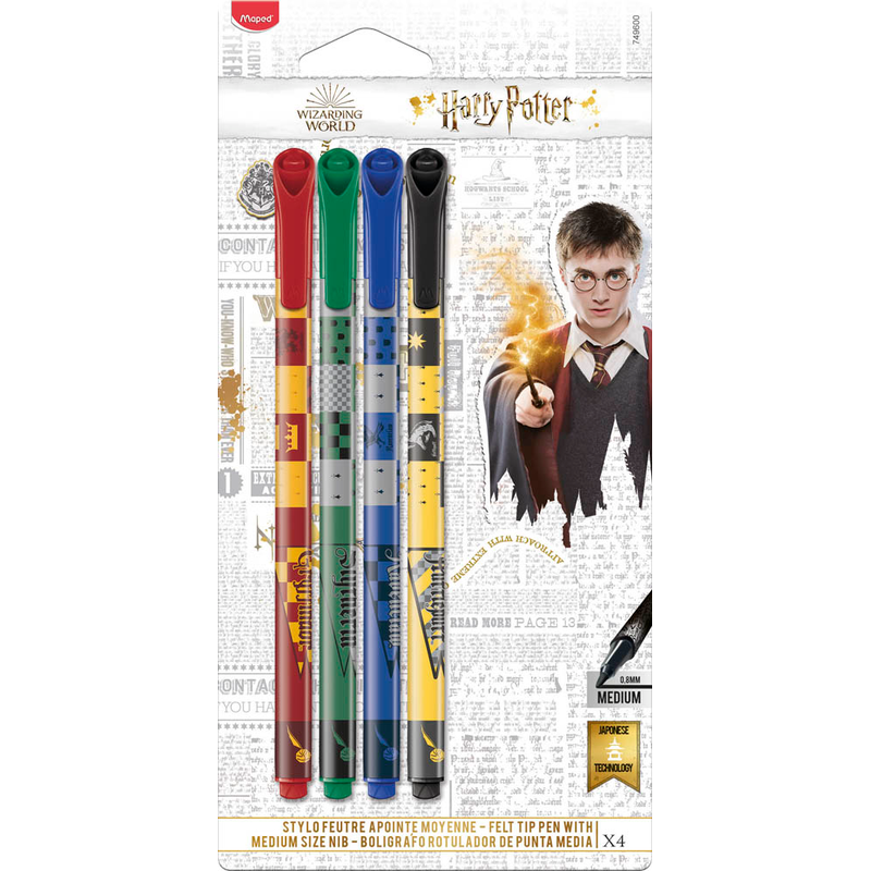 Maped Harry Potter Fineliner 0,8 mm im 4er Set mit bunten, ergonomischen Stiften auf weißem Hintergrund.