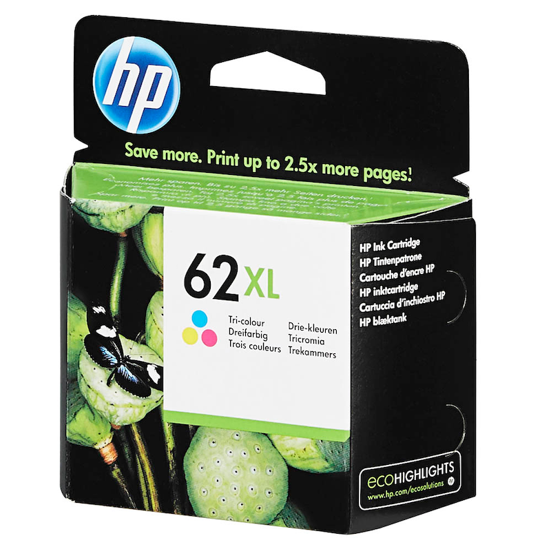 HP Tintenpatrone 62XL Farbe, Original High-Yield Tinte, zeigt die farbige Tintenpatrone für HP Drucker.