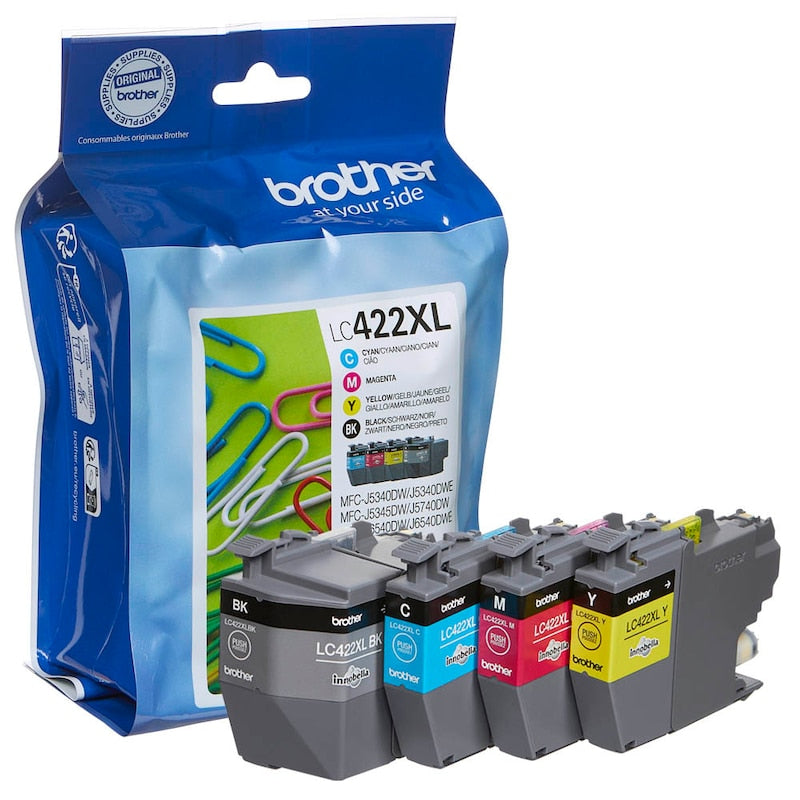Brother LC-422XLVAL Tintenpatronen-Set in CMYK mit hoher Reichweite und Originalqualität, zeigt die Tintenpatronen in Verpackung