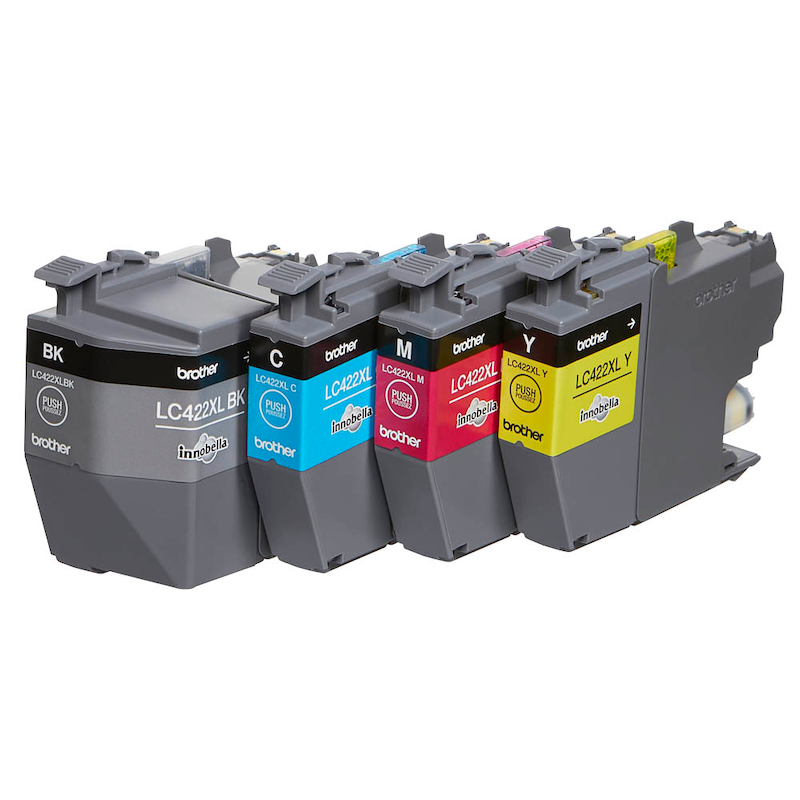 Brother LC-422XLVAL Tintenpatronen-Set in CMYK, original Druckqualität und hohe Reichweite, zeigt die Tintenpatronen in Verpackung