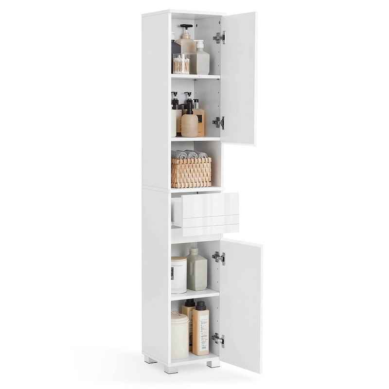 Klassischer weißer Badezimmerschrank von VASAGLE, 30x30x170 cm, mit Türen und Stauraum für Badezimmer.