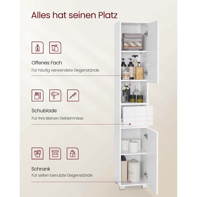 Weißer klassischer Badezimmerschrank von VASAGLE, 30x30x170 cm, mit Türen und Stauraum, Nahaufnahme der Frontansicht