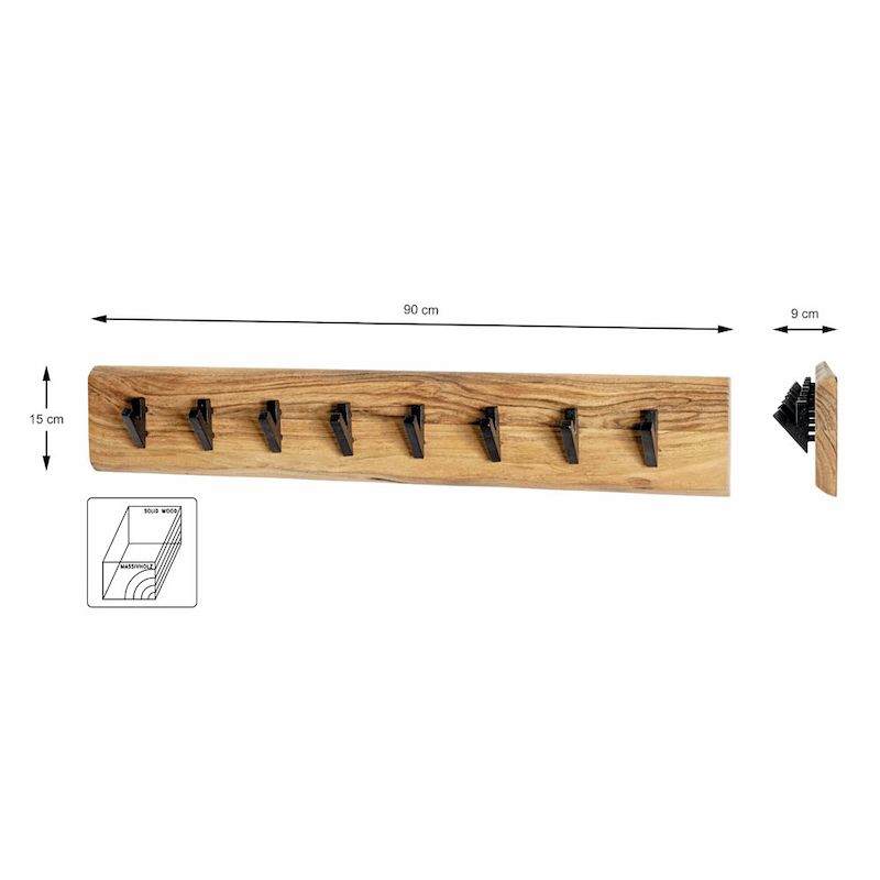 Rustikale Wandgarderobe aus Akazienholz in Schwarz, HAKU, mit Haken für Jacken und Accessoires.