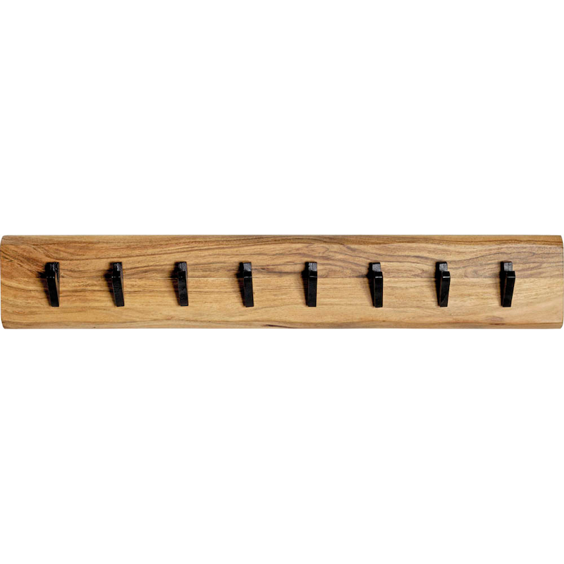 Rustikale Wandgarderobe aus Akazienmassivholz und Schwarz, HAKU, mit Haken für Jacken und Accessoires, handgefertigt.