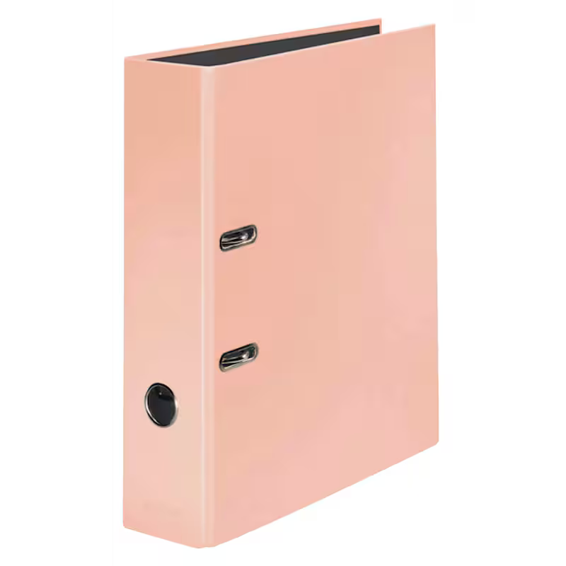 Moderner Falken PURE Pastell Aktenordner im minimalistischen Design, DIN A4, 80 mm Breite, auf einem weißen Schreibtisch.