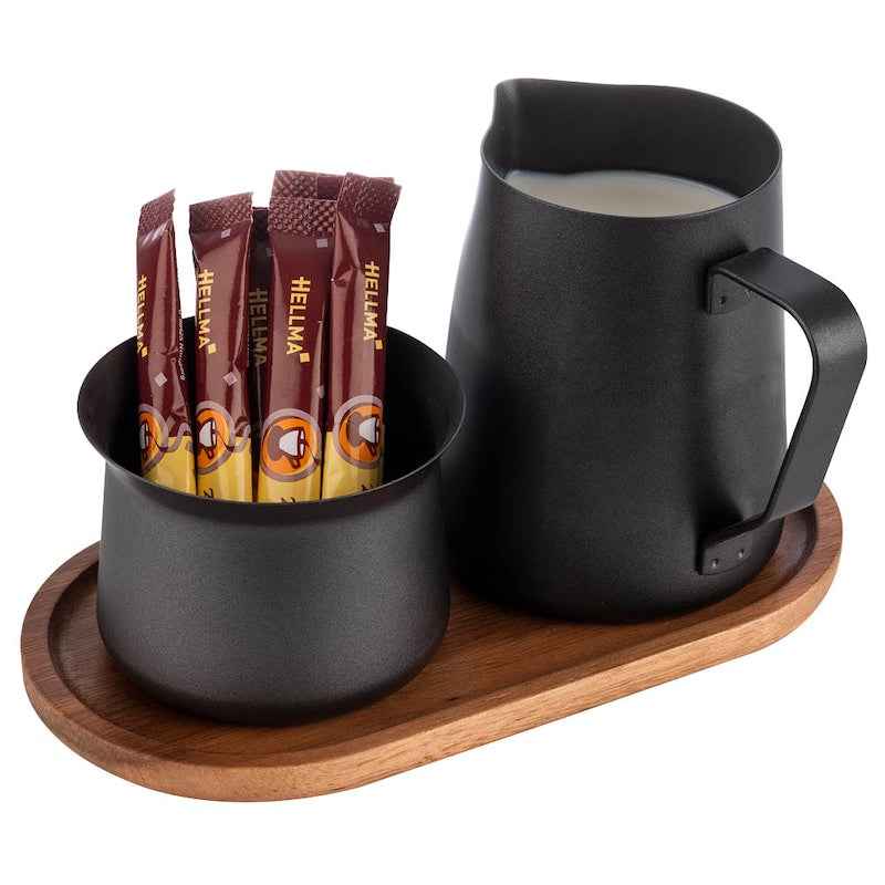 APS Miluro Milch- und Zucker-Set in Weiß, Braun oder Schwarz, mit Porzellanbehältern und Holzdeckel in Nahaufnahme