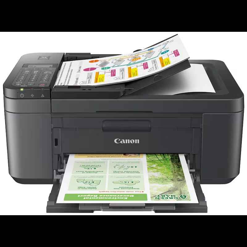Schwarzer Canon PIXMA TR4755i 4-in-1 Tintenstrahldrucker mit Flachbett-Scanner und Papierfach, Ansicht von vorne