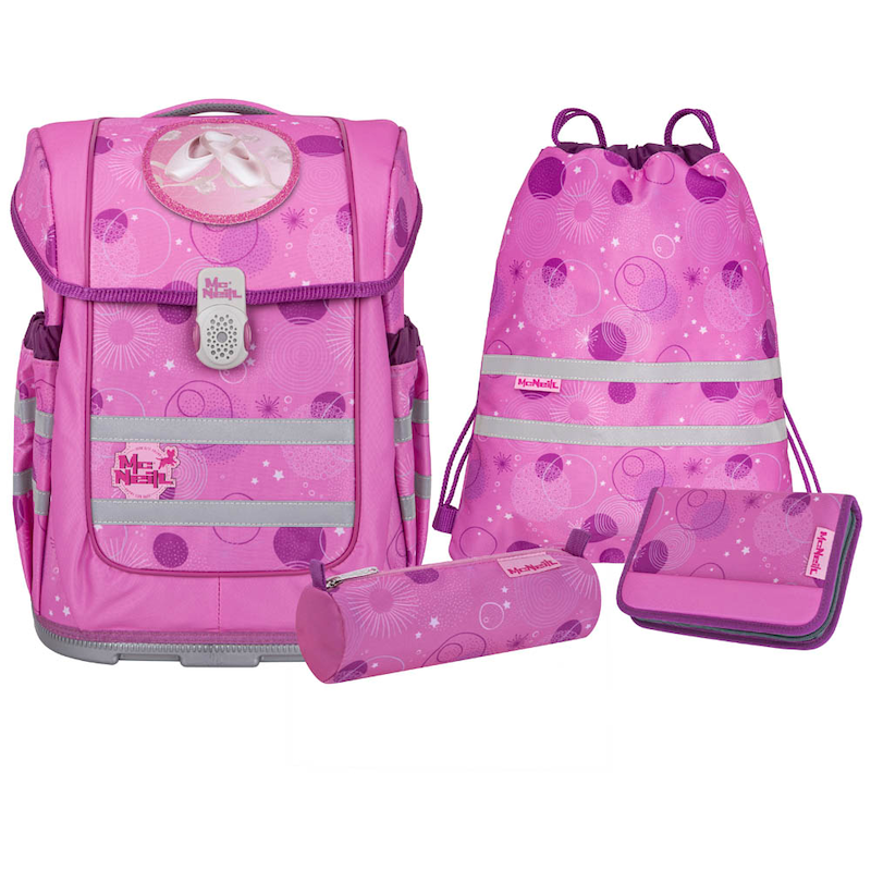 McNeill Schulranzen-Set COMPACTO PINKY, pinker ergonomischer Schulranzen mit gut organisierter Innenraum und Zauberhaftem Design