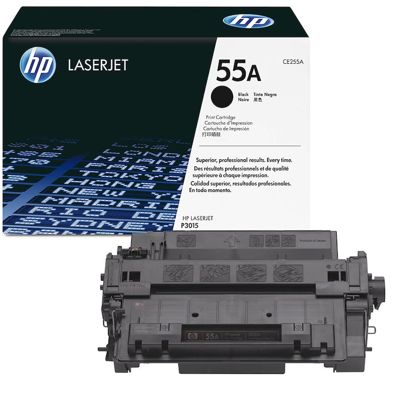 Schwarzer HP Toner 55A (CE255A) vom Originalhersteller, kompatibel mit HP Druckern, zeigt den Tonerkartuschen-Behälter.
