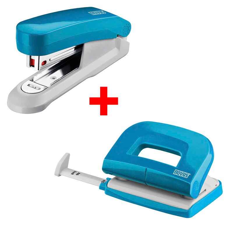 Novus E210 und E15 Locher und Heftgeräte Set, kompaktes Büro-Set für Heften und Lochen, in hellem Design