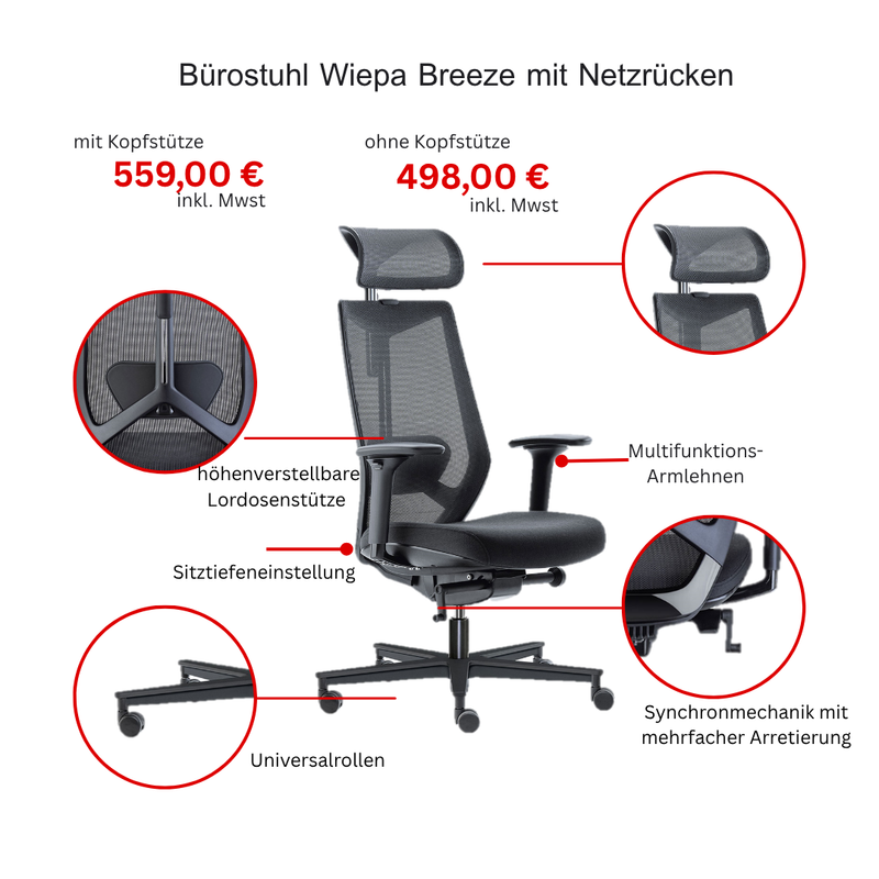 Bürostuhl Wiepa Breeze mit oder ohne Kopfstütze, schwarzes Sitzmöbel mit ergonomischem Design und verstellbaren Armlehnen.