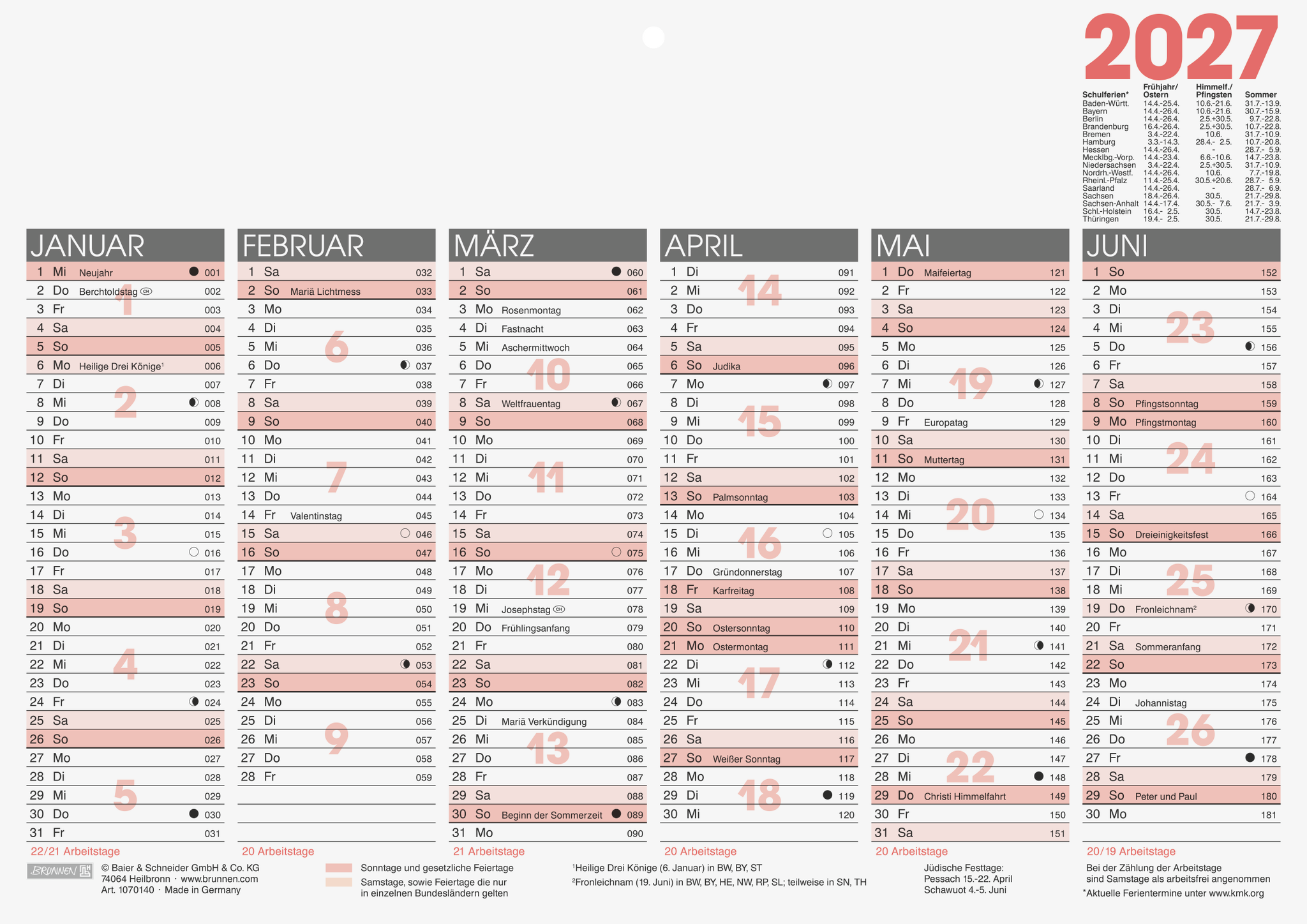 BRUNNEN stabiler Tafelkalender 2027 (DIN A4 quer) – Der kompakte Planer