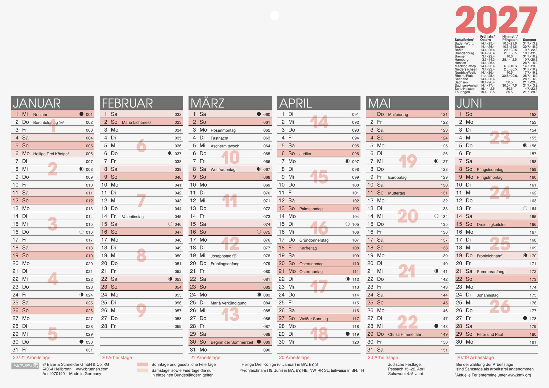 BRUNNEN stabiler Tafelkalender 2027 (DIN A4 quer) – Der kompakte Planer
