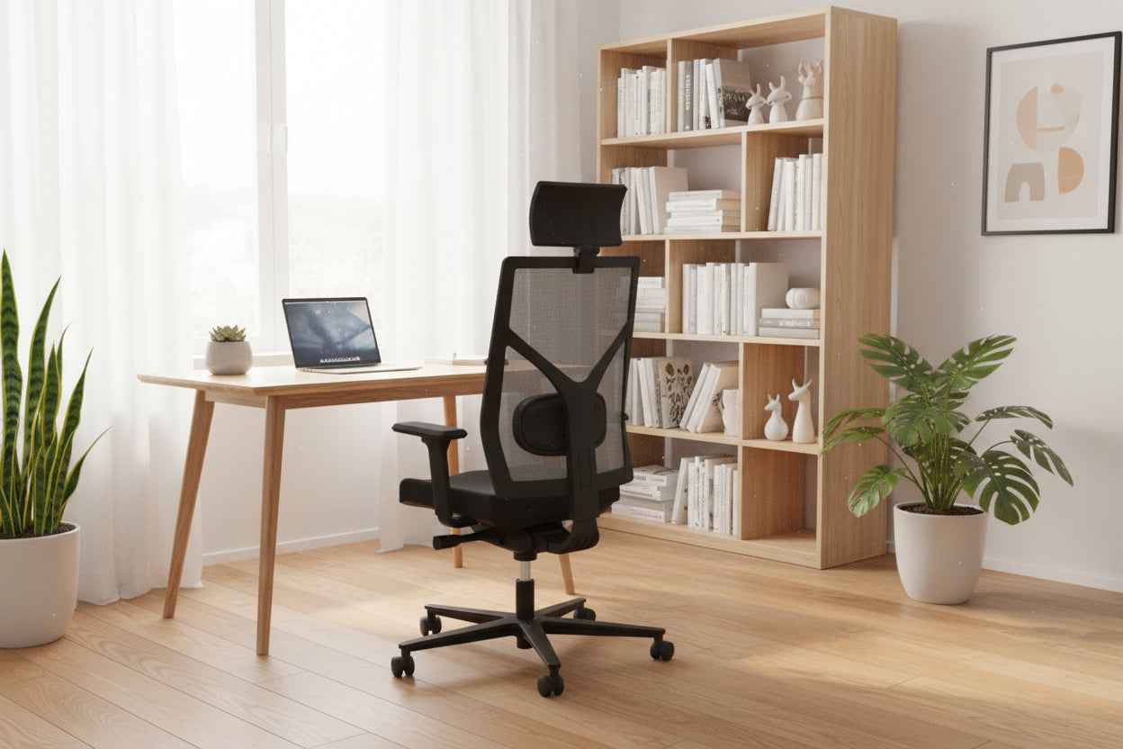 Ergonomischer Bürodrehstuhl ROVO R16 3040 Ergo Balance mit Kopfstütze, schwarzes Sitzmöbel für Büroarbeit