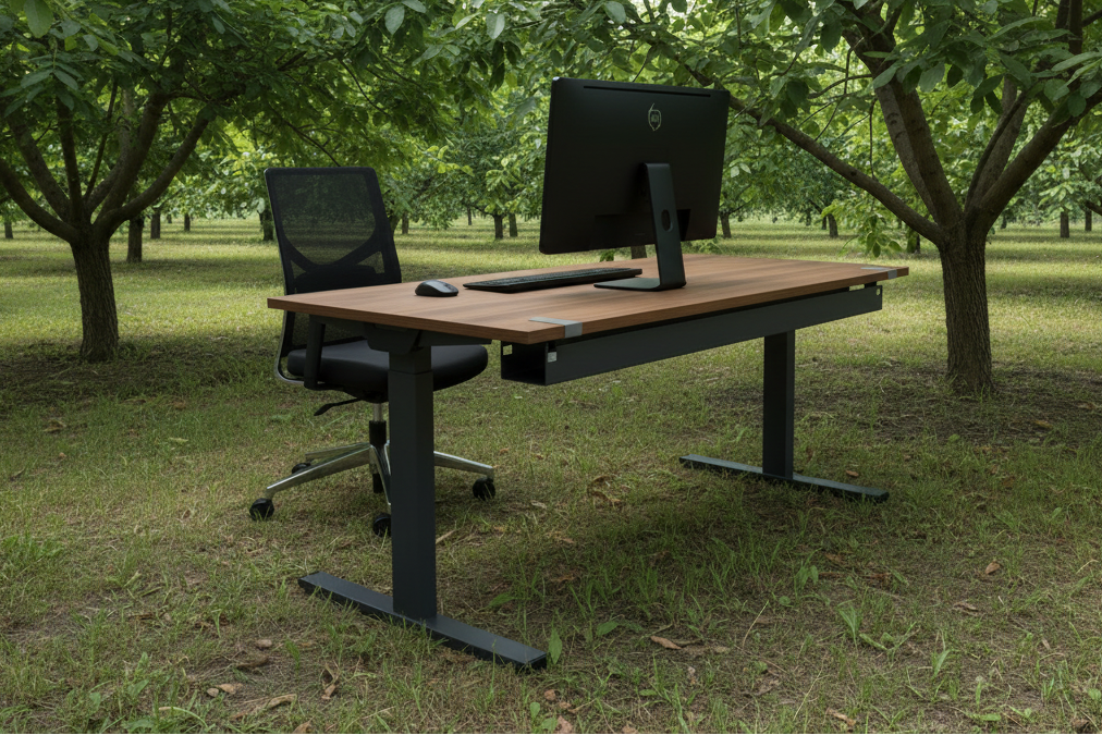 Elektrischer Schreibtisch WINEA STARTUP 2.0 von WINI, 180x80 cm, dunkelanthrazit mit Nussbaum-Deckplatte, modern und ergonomisch.