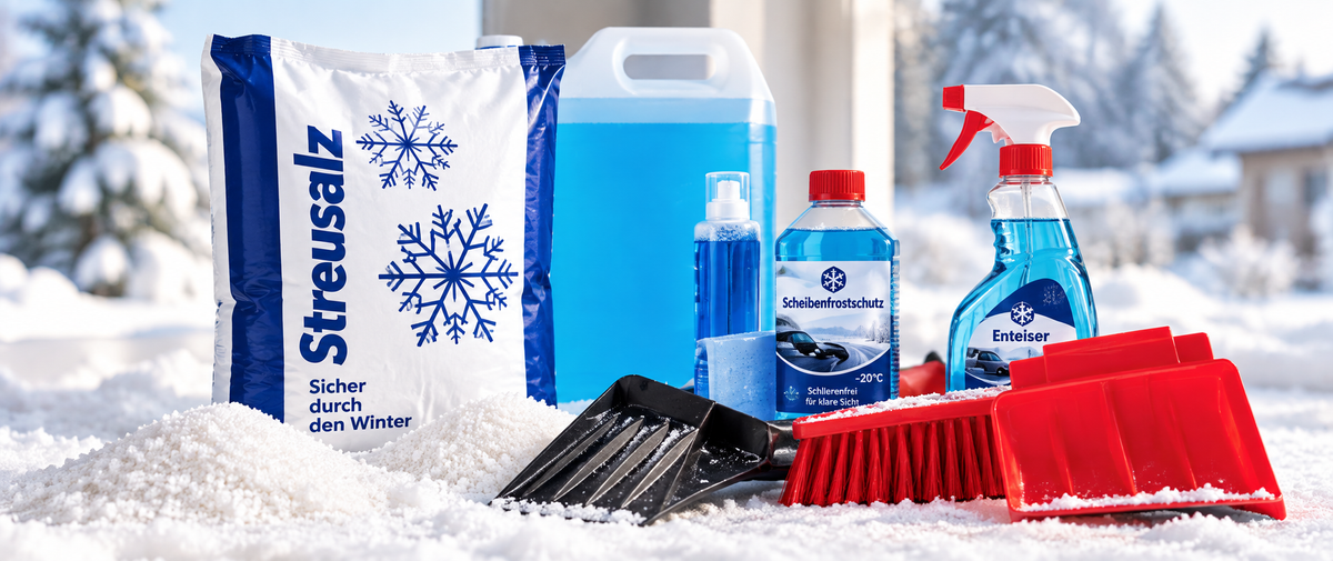 Winterbedarf mit Streusalz, Enteiser und Schneeräumzubehör