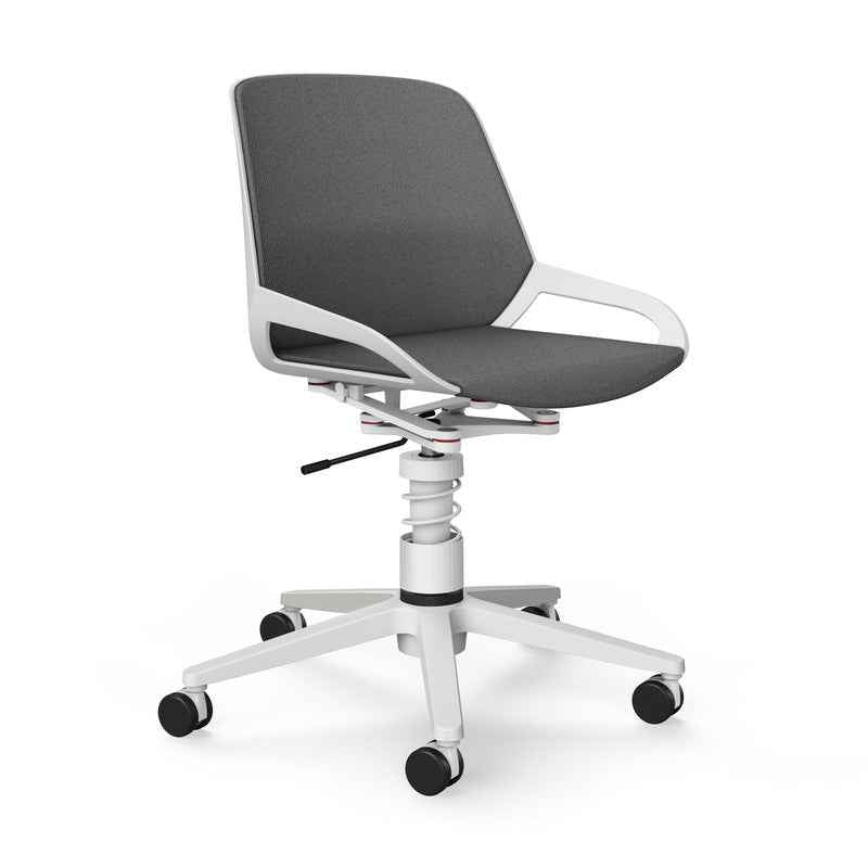 Ergonomischer Aeris Numo Task Bürodrehstuhl mit weißem Federbein und grauem Sitz, ideal für komfortables Arbeiten im Büro