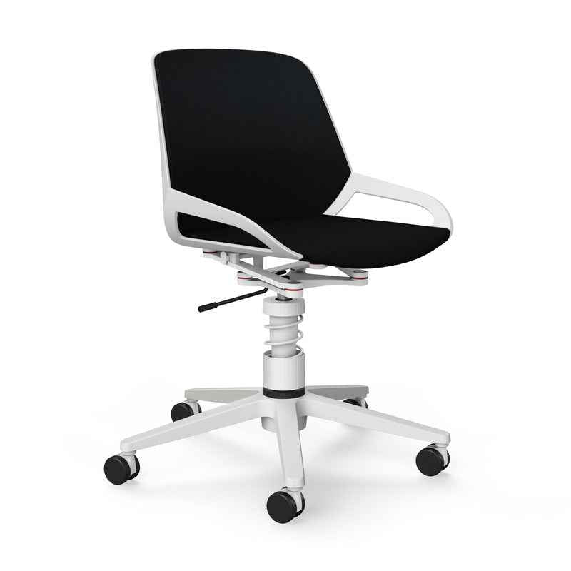 Ergonomischer Aeris Numo Task Bürodrehstuhl mit weißem Federbein, bequemer Sitz und verstellbaren Armlehnen.