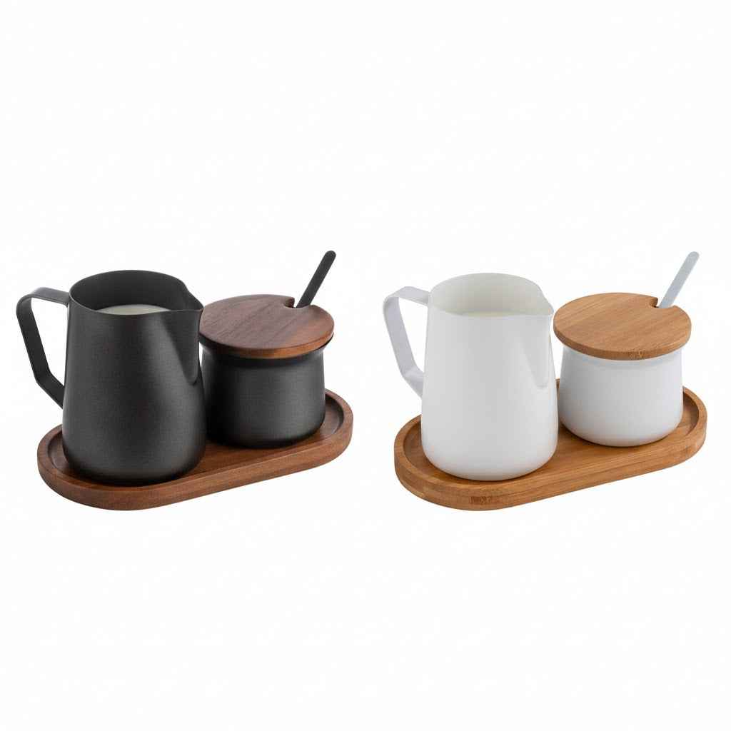 APS Miluro Milch- und Zucker-Set in Weiß, Braun oder Schwarz, zeigt elegante Milch- und Zuckerdose aus Keramik.