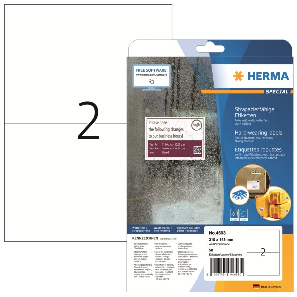 HERMA Etikett 4693 210x148,5mm Folie weiß 50 St./Pack.