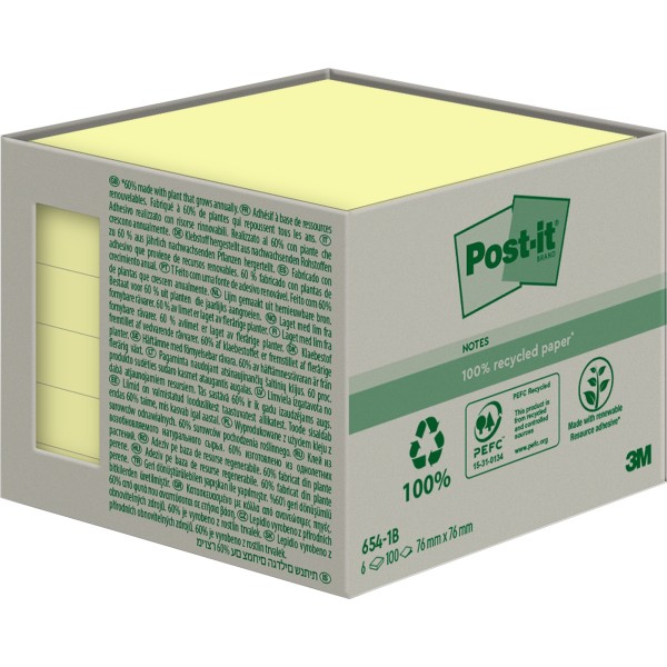 Post-it Haftnotiz Recycling Notes 654-1B 76x76mm ge 6St