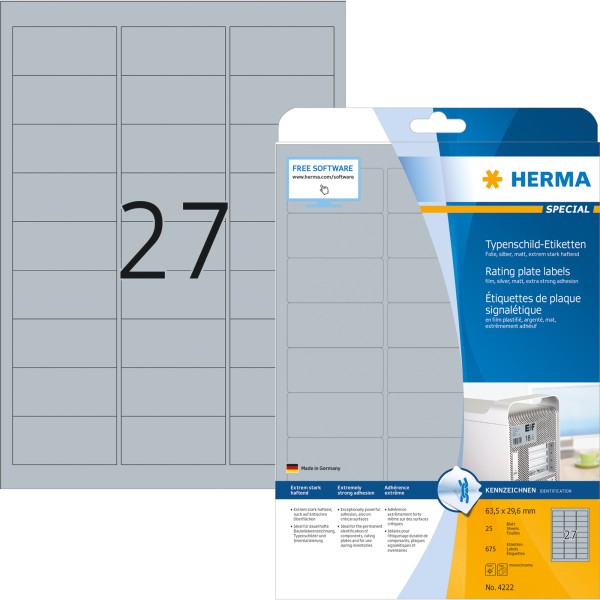 HERMA Typenschildetikett 4222 63,5x29,6 mm silber 675 St./Pack.