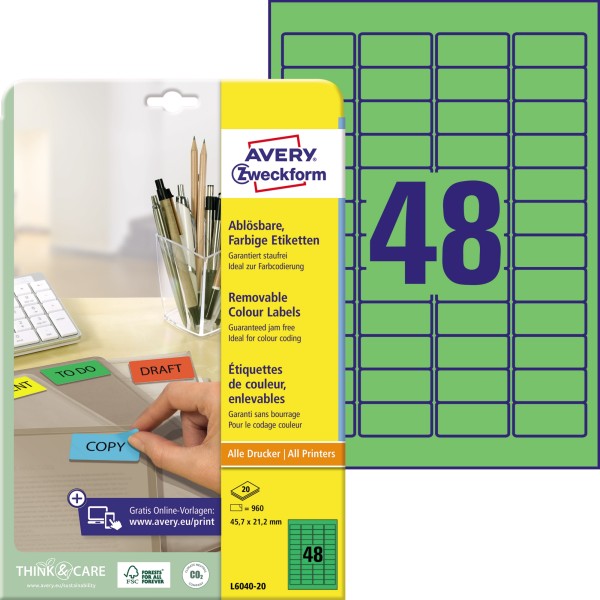 Avery Zweckform Etikett L6040-20 45,7x21,2mm grün 960 St./Pack.