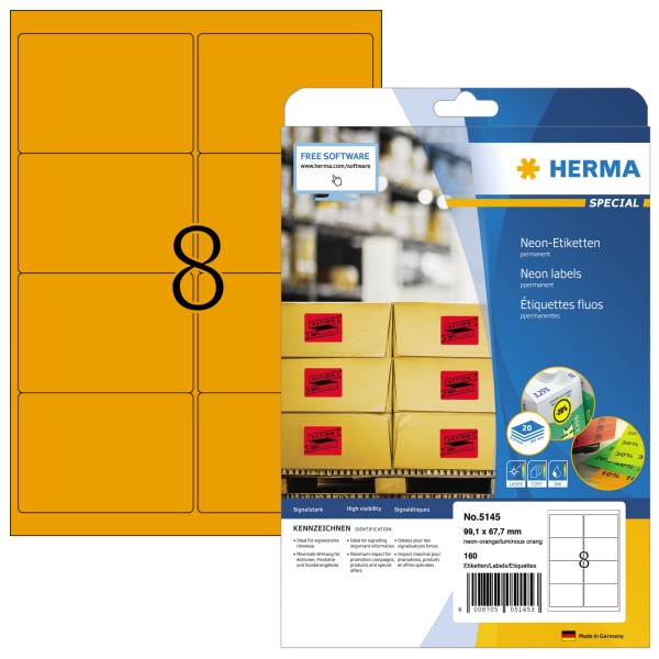 HERMA Etikett 5145 99,1x67,7mm neonorange 160 St./Pack.