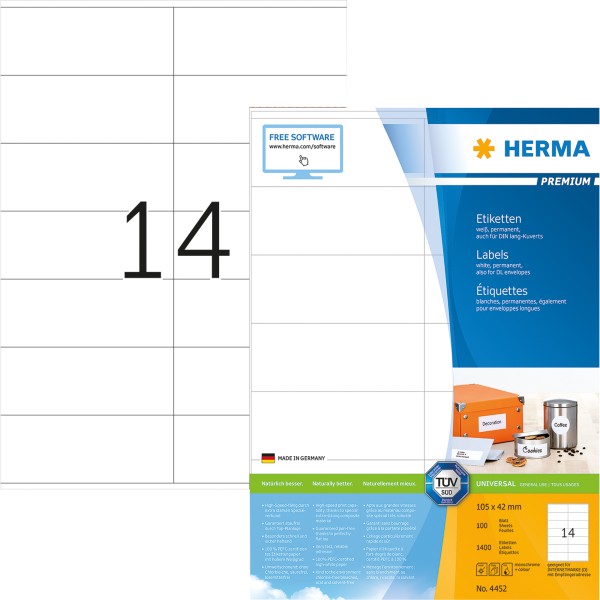 HERMA Etikett PREMIUM 4452 105x42mm weiß 1.400 St./Pack.
