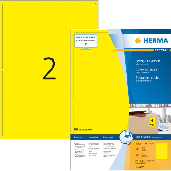 HERMA Etikett 4565 199,6x143,5mm A4 gelb 200 St./Pack.