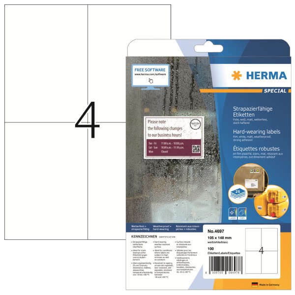 HERMA Folienetikett 4697 105x148mm weiß 100 St./Pack.