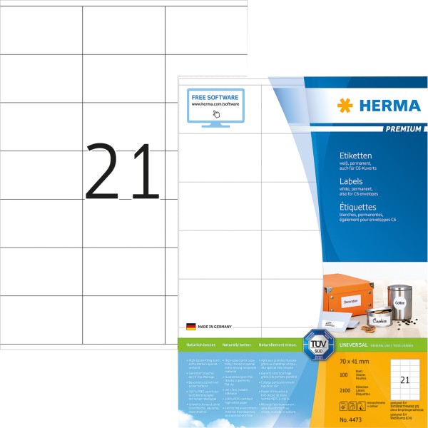 HERMA Etikett PREMIUM 4473 70x41mm weiß 2.100 St./Pack.