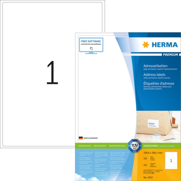 HERMA Etikett PREMIUM 4252 199,6x289,1mm A4 weiß 100 St./Pack.