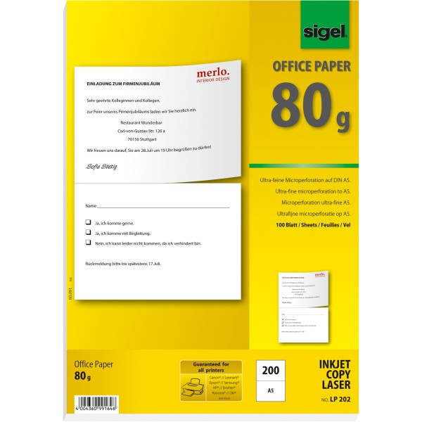 SIGEL Kopierpapier LP202 A4 querperforiert auf A5 100 Bl./Pack.