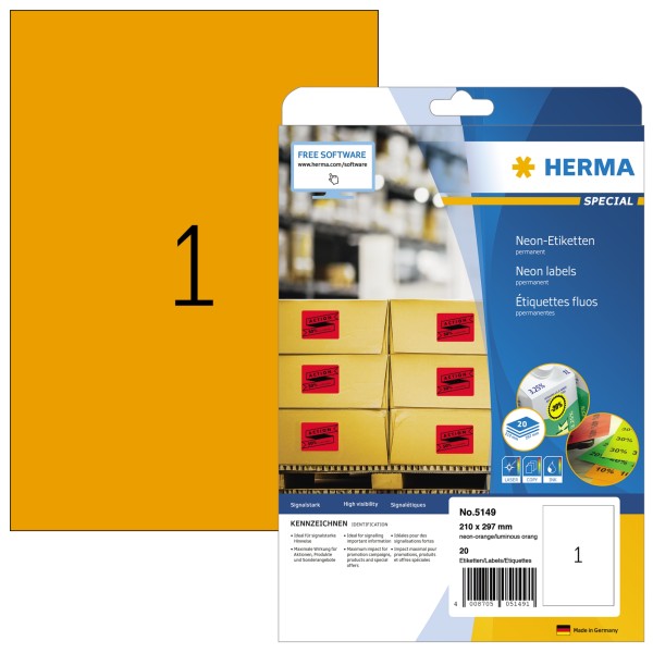 HERMA Etikett 5149 210x297mm neonorange 20 St./Pack.