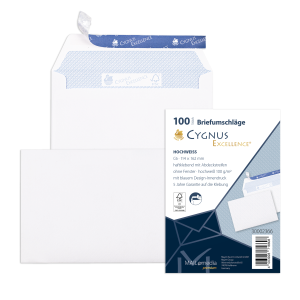 Briefumschläge Cygnus Excellence® DIN C6 ohne Fenster hochweiß haftklebend 100 Stück
