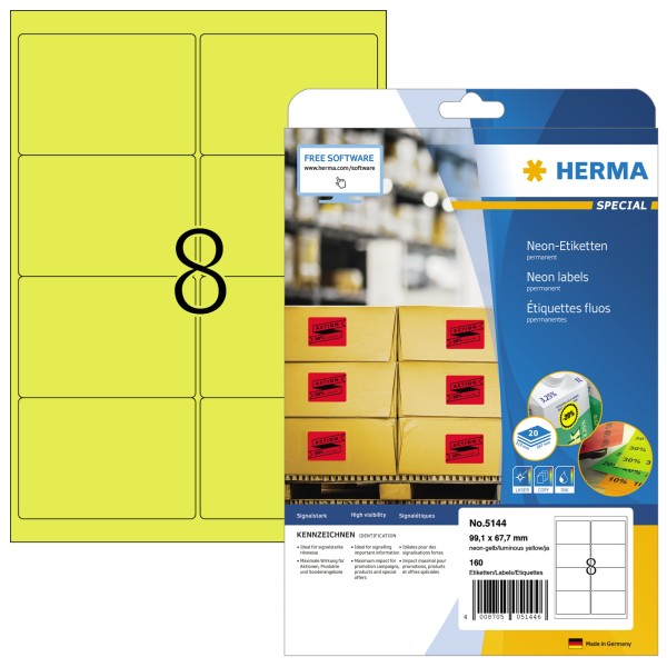 HERMA Etikett 5144 99,1x67,7mm neongelb 160 St./Pack.