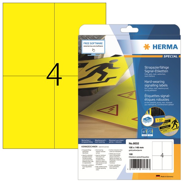 HERMA Folienetikett 8032 105x148mm gelb 100 St./Pack.