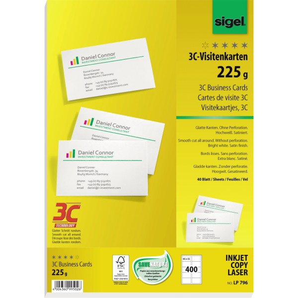 SIGEL Visitenkarte 3C LP796 85x55mm 225g weiß 400 St./Pack.