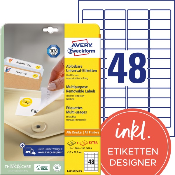 Avery Zweckform Etikett L4736REV-25 45,7x21,2mm weiß 1.440 St./Pack.