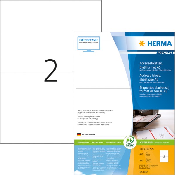 HERMA Adressetikett PREMIUM 8691 105x148mm weiß 800 St./Pack.