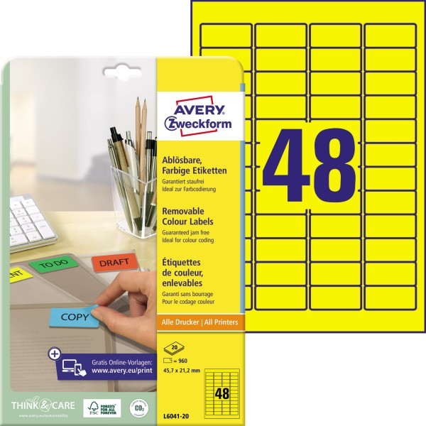 Avery Zweckform Etikett L6041-20 45,7x21,2mm gelb 960 St./Pack.